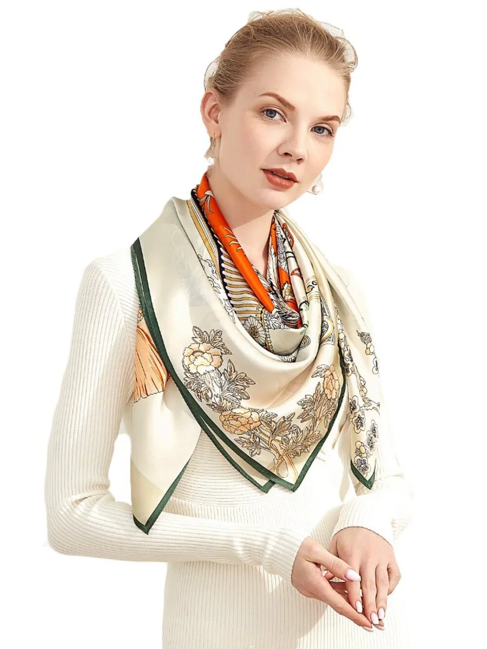 100% Silk Scarves, Extra-Large, Emperor's Phoenix, Ivory W Green Trim